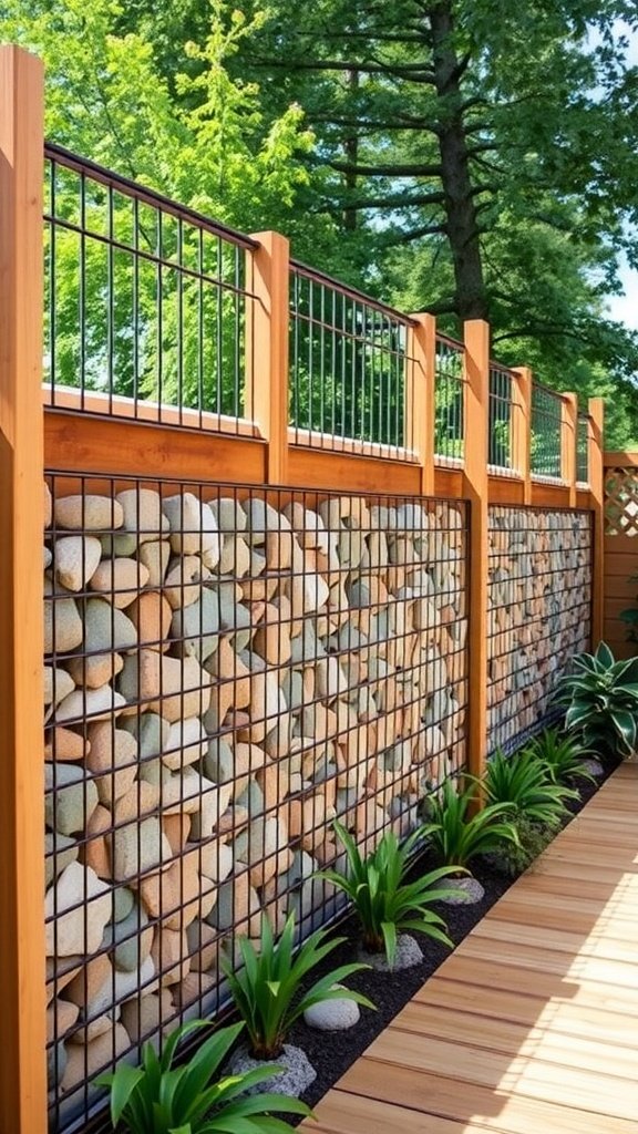 A modern gabion wall privacy fence filled with colorful stones, surrounded by plants and a cozy outdoor seating area.