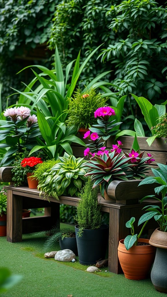 A wooden garden bench surrounded by colorful potted plants, set against a lush green background.