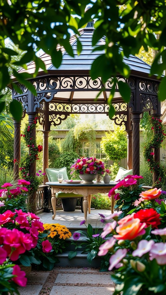 A beautiful gazebo surrounded by vibrant flowers in a lush garden setting.