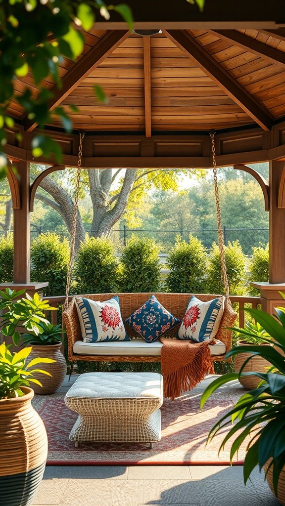 A cozy gazebo featuring a hanging swing with decorative pillows surrounded by lush greenery.