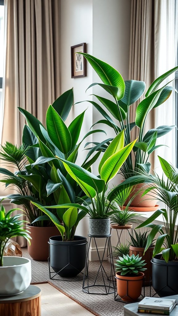 A collection of plants displayed on geometric metal plant stands in a stylish indoor setting.