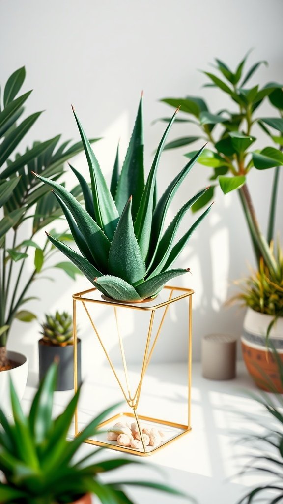 Aloe vera plant in a gold geometric metal stand surrounded by various other plants.