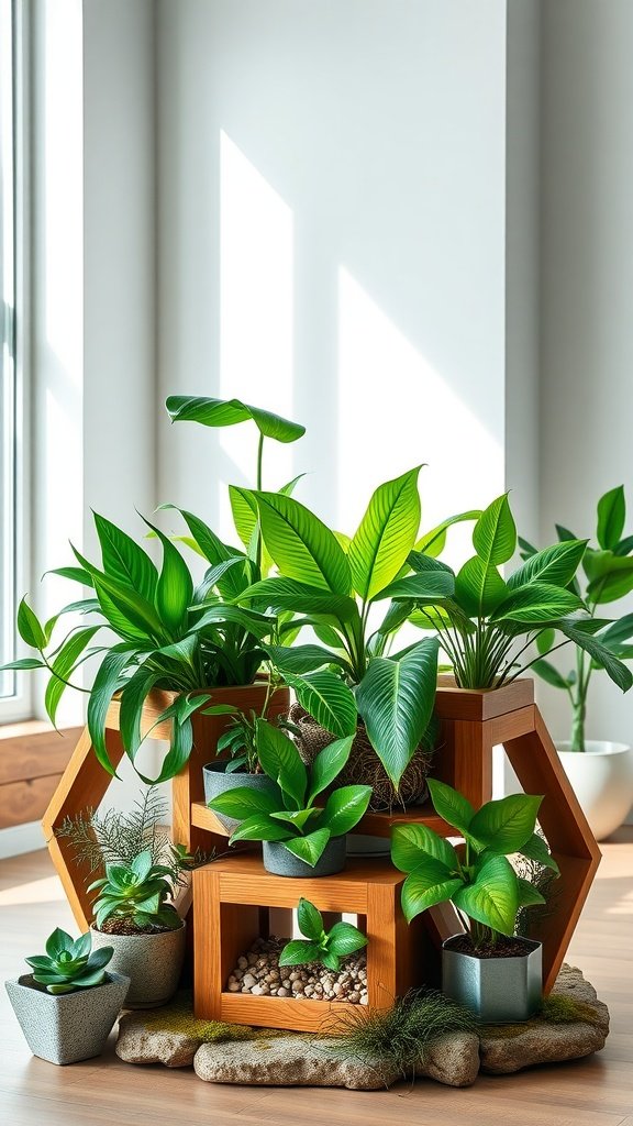 Geometric wooden plant stand with various plants arranged in hexagonal and triangular shapes.