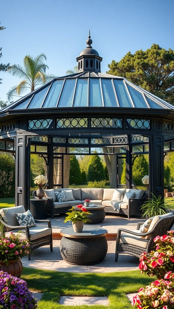 A stylish glass-enclosed gazebo in a backyard with comfortable seating and vibrant flowers.