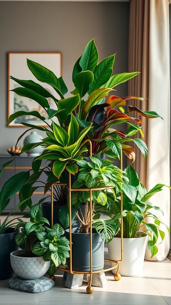 A gold finish metal plant stand displaying various lush green plants in a stylish indoor setting.