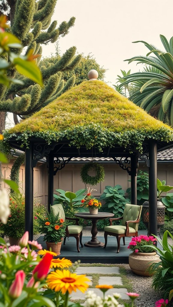 A beautiful gazebo with a living plant roof surrounded by colorful flowers.