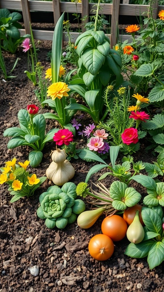 A colorful garden with flowers and vegetables growing together.