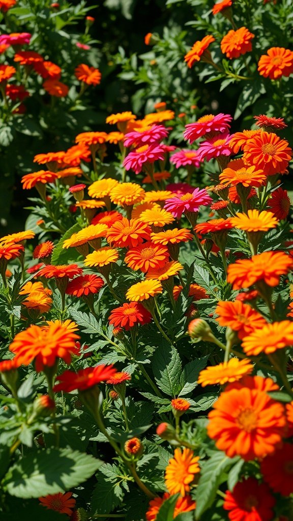 A vibrant garden filled with orange and pink marigold flowers.