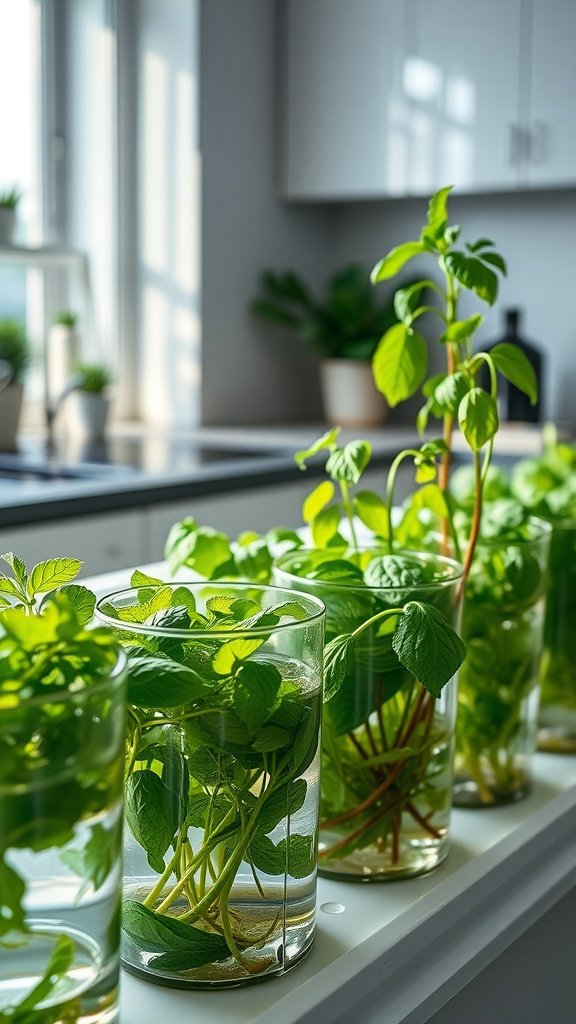 Herbs growing in water in clear glasses on a kitchen countertop.