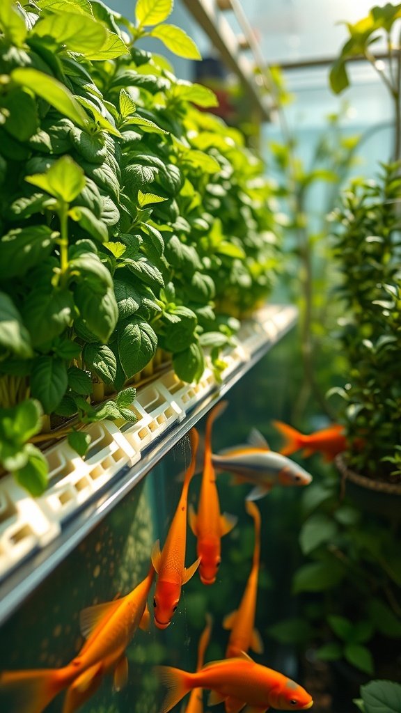 Lush green herbs like basil and mint growing above a fish tank in an aquaponics system.