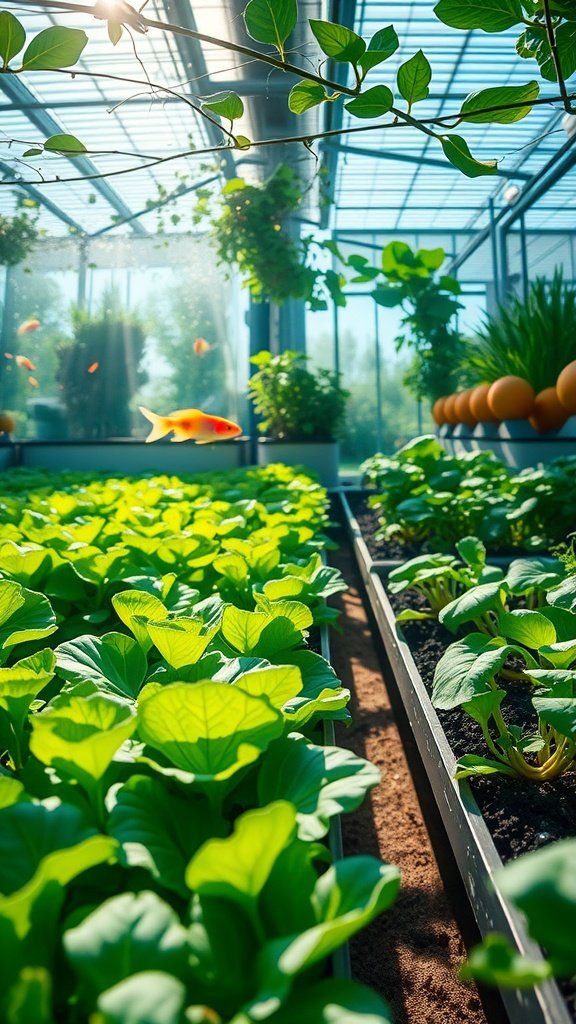 A bright aquaponic garden featuring lush leafy greens like lettuce and spinach, with a view of fish swimming in the water.