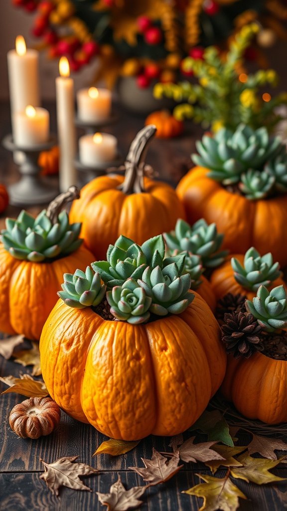 Hollowed-out pumpkins filled with succulents, surrounded by autumn leaves and candles