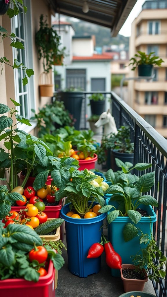 Vibrant balcony garden with colorful pots filled with various vegetables