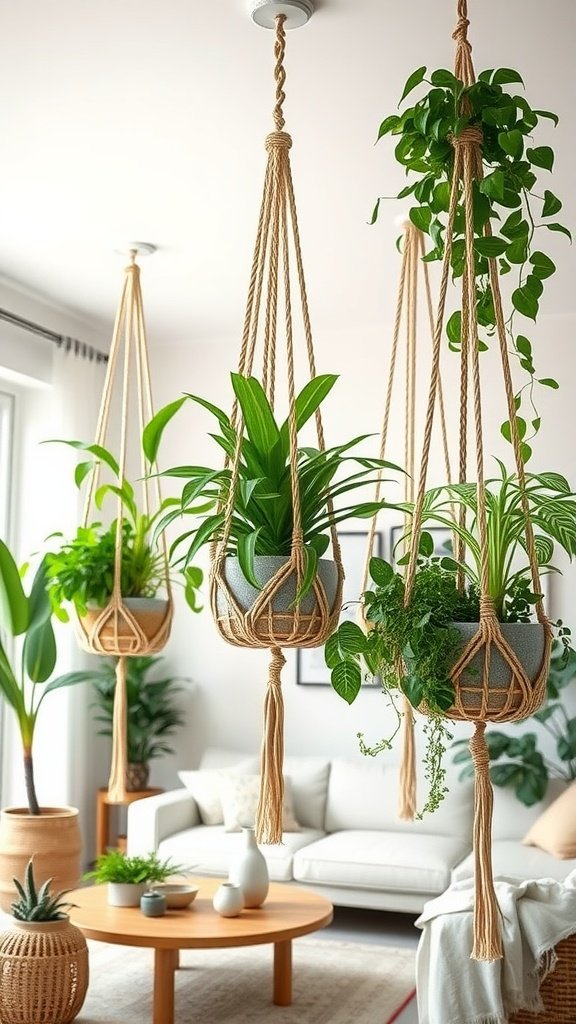 A room decorated with hanging macramé planters filled with lush green plants.