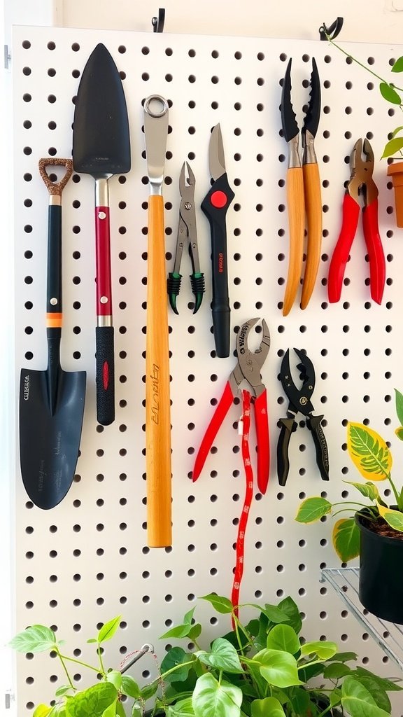 A pegboard displaying various gardening tools, with small potted plants below.