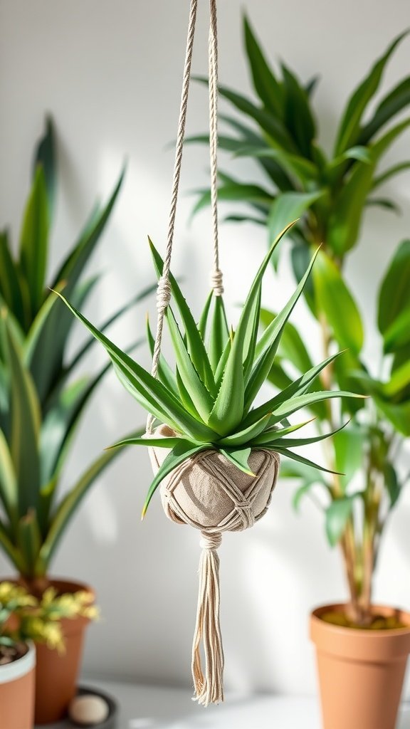 An elegant macramé plant hanger displaying a healthy Aloe Vera plant