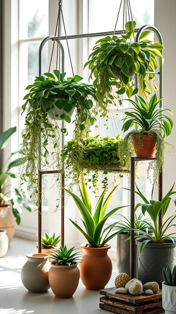 A modern metal plant stand displaying hanging baskets filled with green plants and various pots on a bright windowsill.