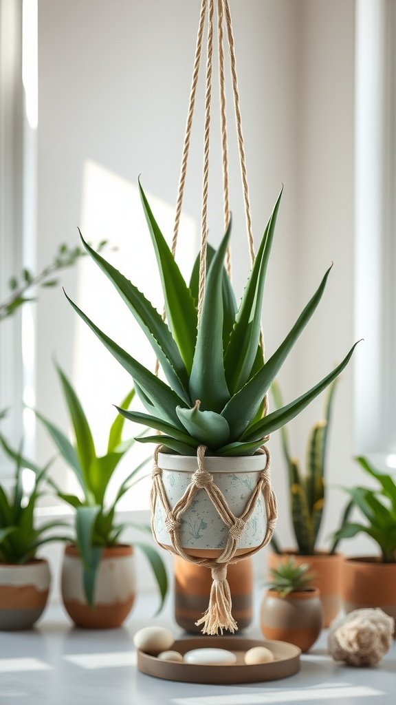 Aloe vera plant hanging in a decorative macramé pot