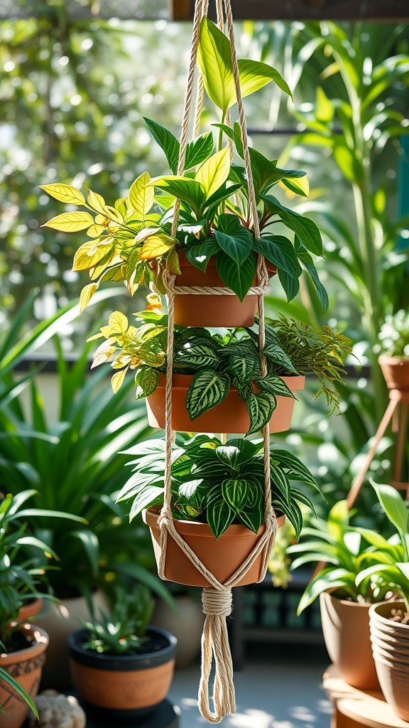 A stylish hanging macramé shelf with three terracotta pots filled with various green plants, suspended in a bright outdoor setting.