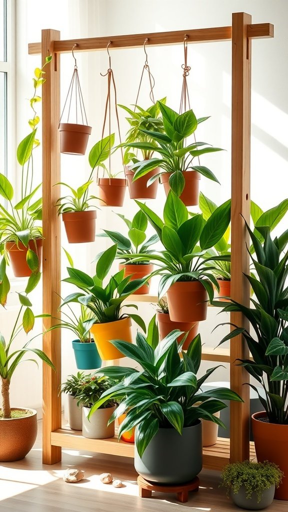 A wooden plant stand with hanging pots, showcasing various indoor plants.