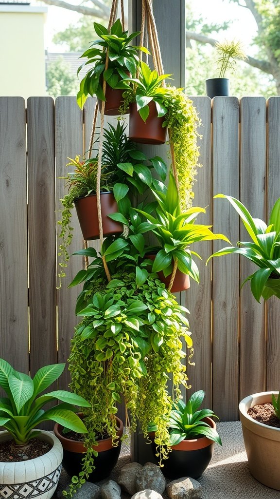 A hanging rope ladder displaying various green plants in pots, creating a vertical garden.