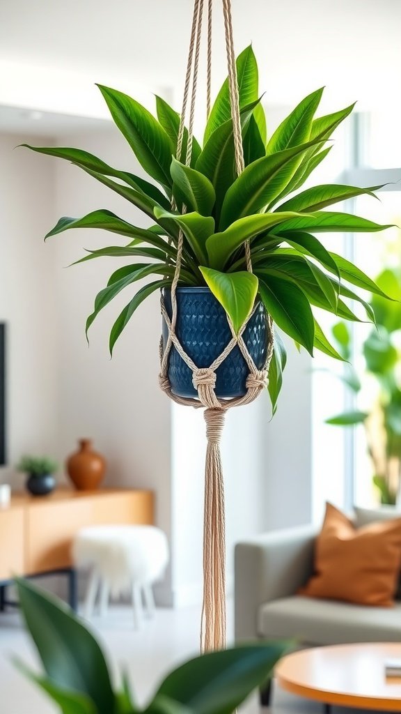 A hanging plant stand featuring a Bird of Paradise plant in a blue pot, suspended with macramé rope.