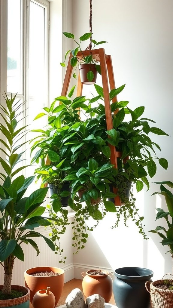 A beautiful wooden plant stand with hanging pots, showcasing lush green plants in a sunlit room.