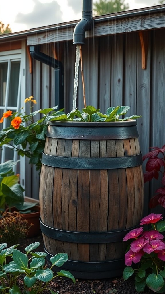 A wooden rain barrel collecting water from a roof, surrounded by flowers and plants.