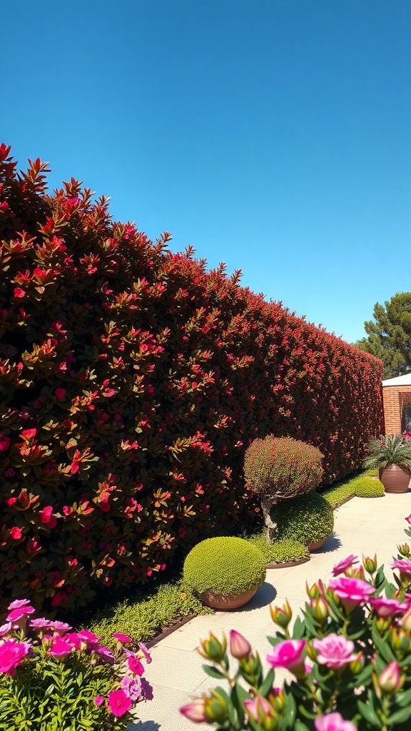 A lush hedge wall with colorful flowers in the foreground, creating a vibrant and private garden space.