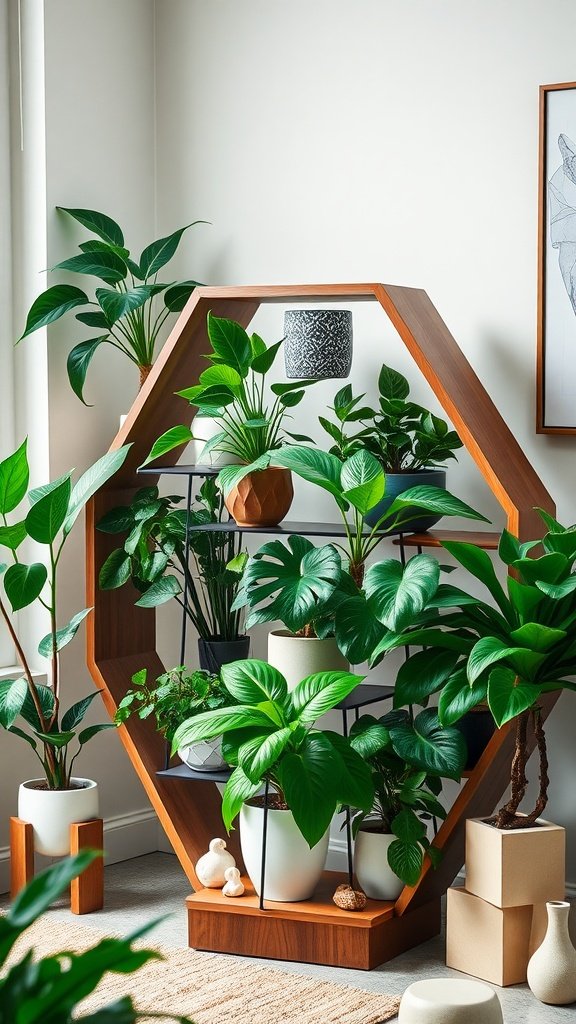 A modern hexagonal shelf plant stand displaying various indoor plants in a stylish interior.