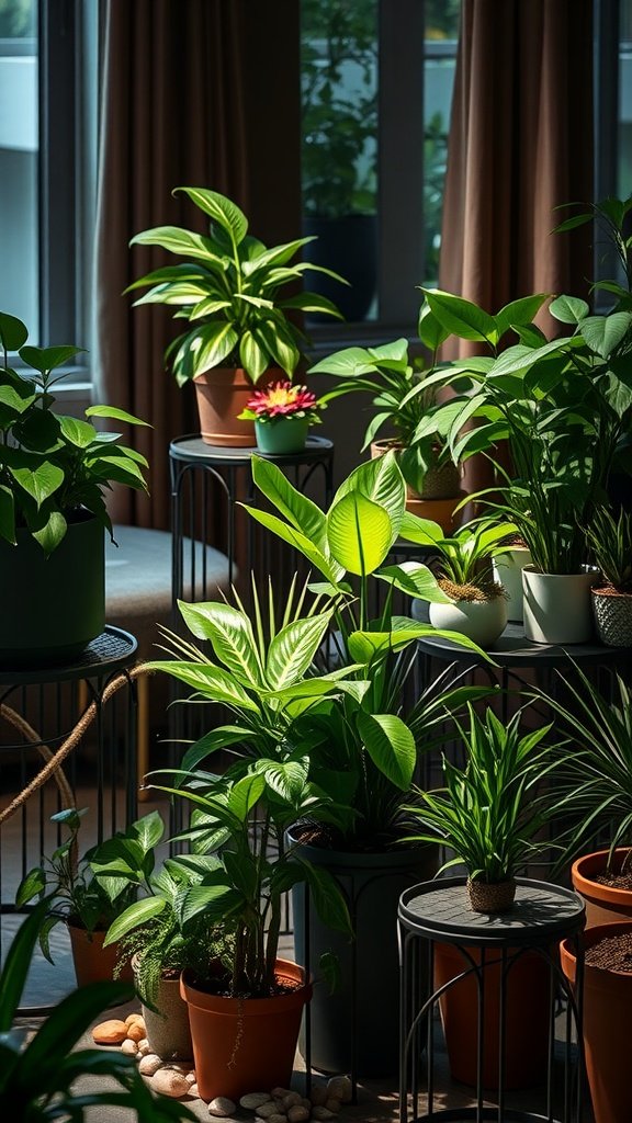 Interior space with various plants displayed on illuminated metal plant stands