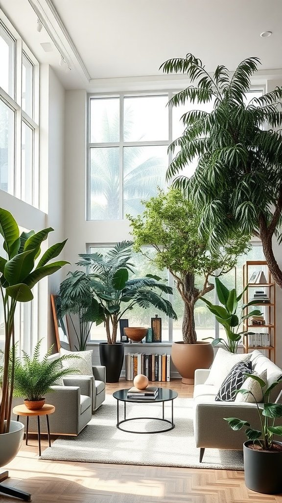 A bright living room featuring tall statement trees, cozy seating, and natural decor elements.