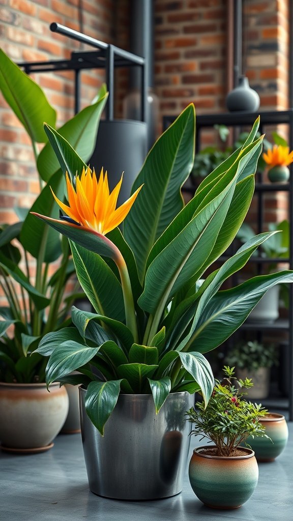 A Bird of Paradise plant in a stylish metal planter, showcasing its vibrant leaves and flowers, surrounded by smaller colorful pots.