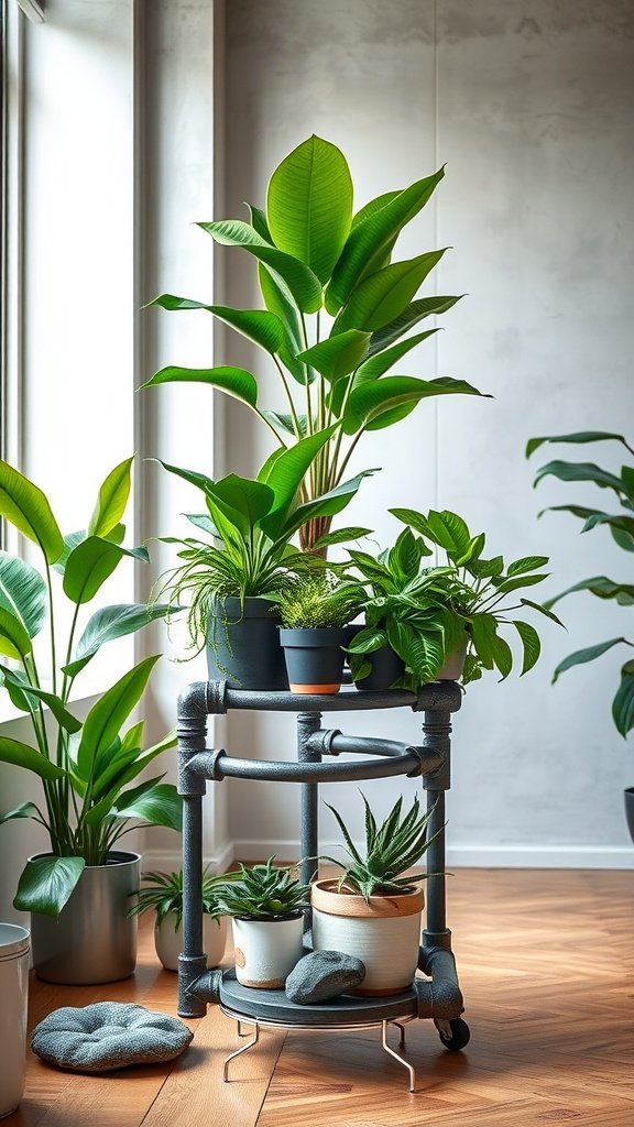 A metal plant stand made from industrial pipes, displaying various plants in pots.