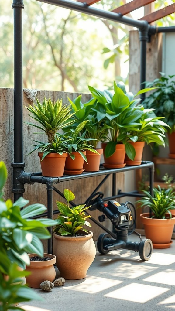 Industrial pipe plant stand with large potted plants in a bright outdoor setting