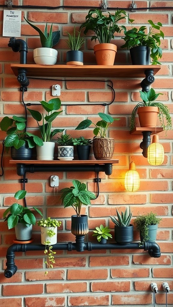 Industrial pipe shelves adorned with green plants against a brick wall.