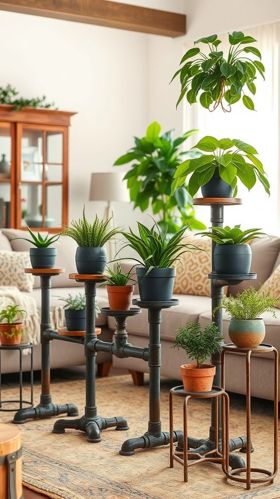 A stylish indoor setting featuring a black industrial pipe plant stand with various green plants.