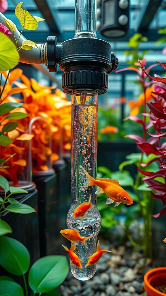 A close-up of a bell siphon in an aquaponics system, with colorful fish swimming around and bubbles rising in the water.