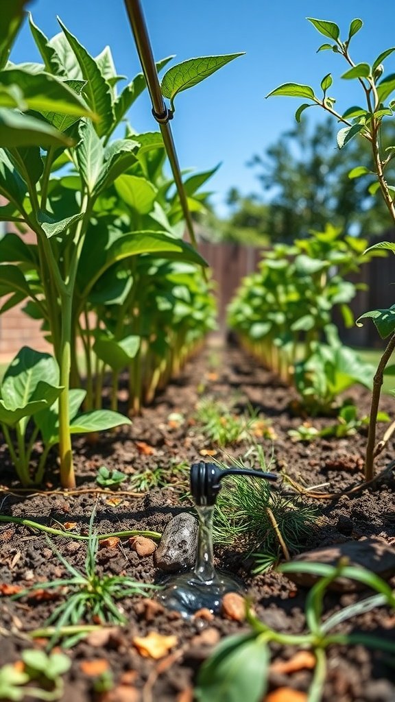 A drip irrigation system watering plants in a garden