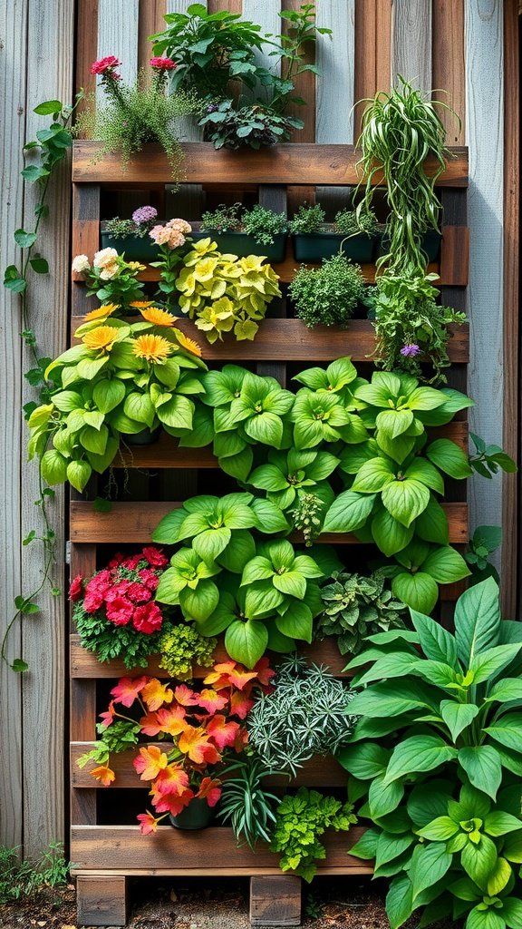 A vertical pallet garden filled with colorful plants and flowers, showcasing a variety of greenery on a wooden frame.