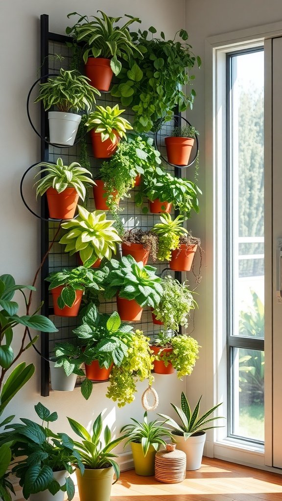 Wall-mounted plant wall with various plants in pots, arranged for sunlight near a window