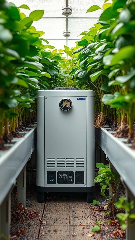 A water chiller set up in a hydroponic garden surrounded by healthy green plants.