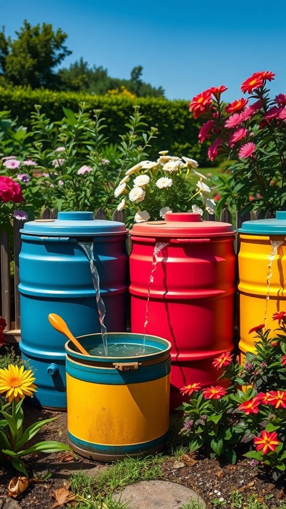 Colorful rain barrels collecting water in a flower garden