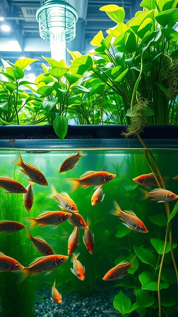 Aquaponic system with tilapia swimming among green plants in a tank.