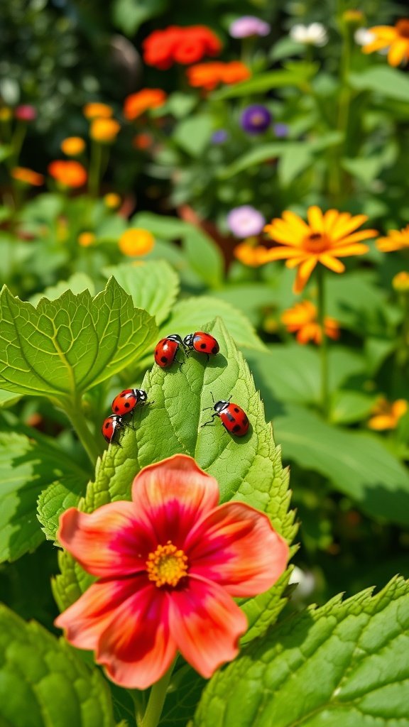 Ladybugs on green leaves with colorful flowers in the background