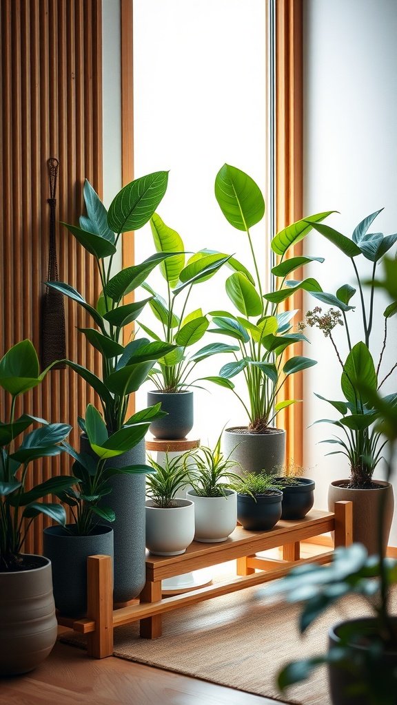 A zen-style wooden plant stand with various green plants and pots, illuminated by natural light from a window.