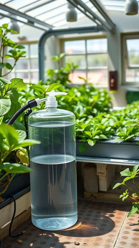 A clear water reservoir next to lush green plants in a hydroponic setup