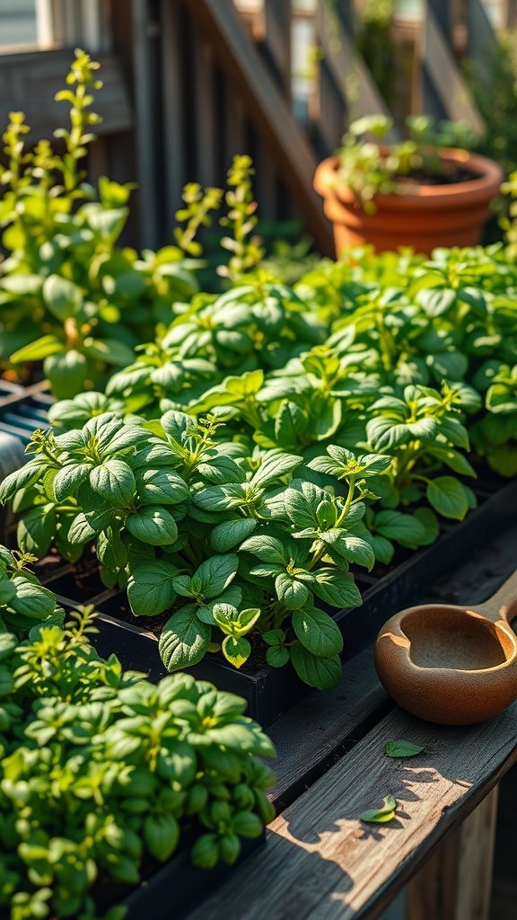 Lush herb garden with vibrant green leaves and a wooden bowl on a table