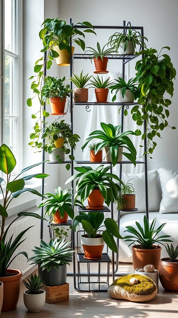 A ladder-style metal plant stand with various potted plants, showcasing a vibrant indoor arrangement.