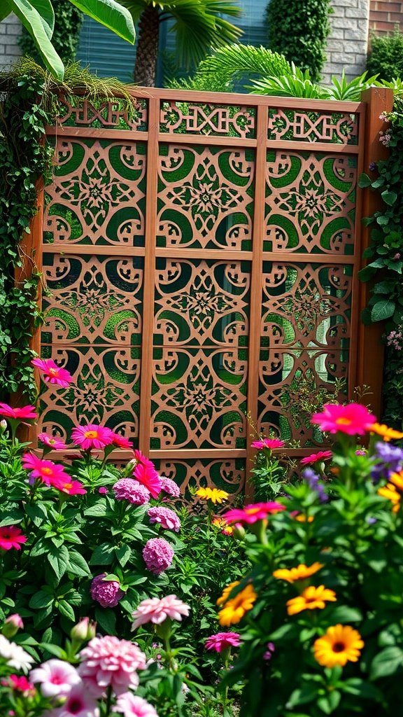 A decorative laser-cut privacy fence surrounded by colorful flowers.